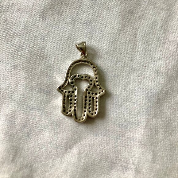 NEW Sterling Silver, Crystal encrusted Hamza, Hand of Fatima, Good Luck Pendant - Picture 3 of 4